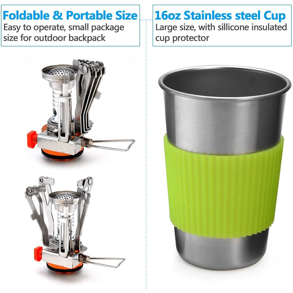 Camping Cookware Kit with Stove and Dinnerware