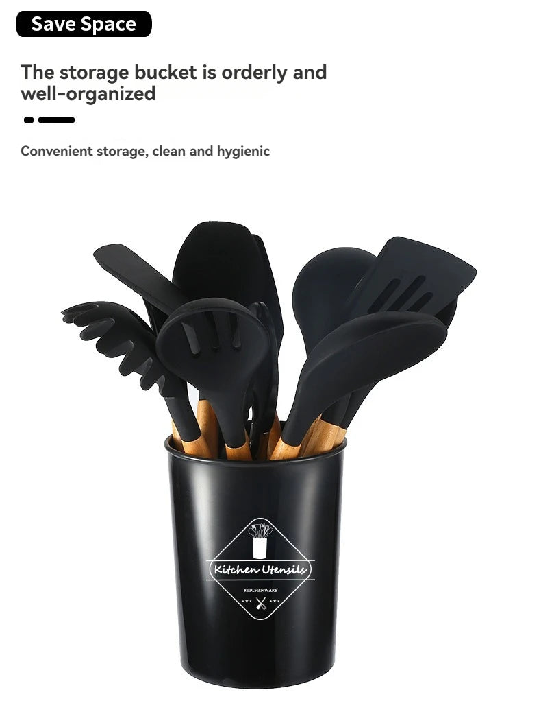 11-piece cooking tool set with storage bucket