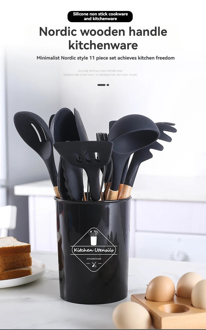 11-piece cooking tool set with storage bucket