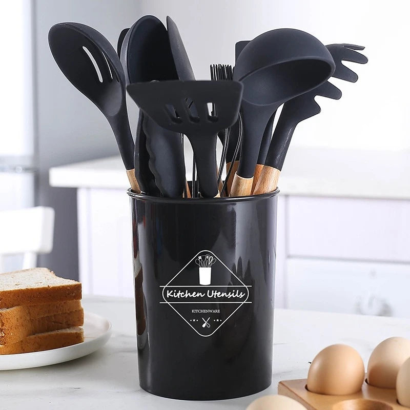 11-piece cooking tool set with storage bucket