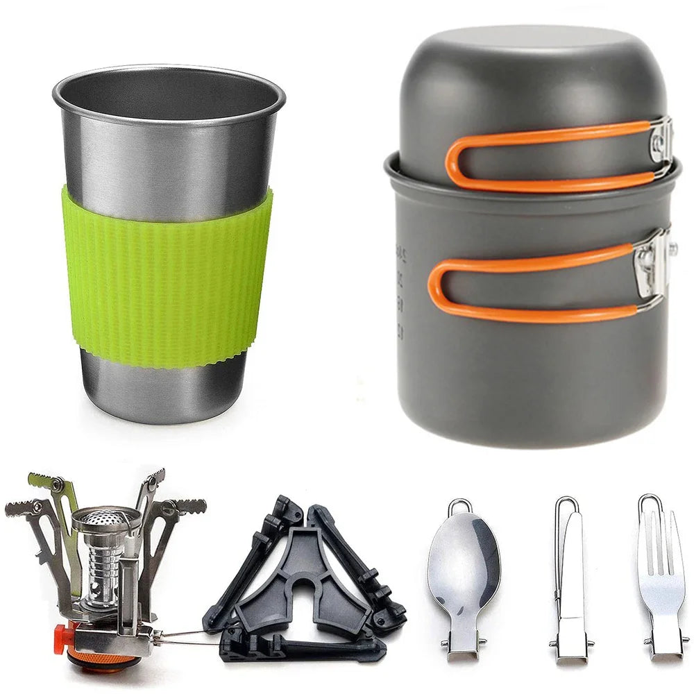 Camping Cookware Kit with Stove and Dinnerware