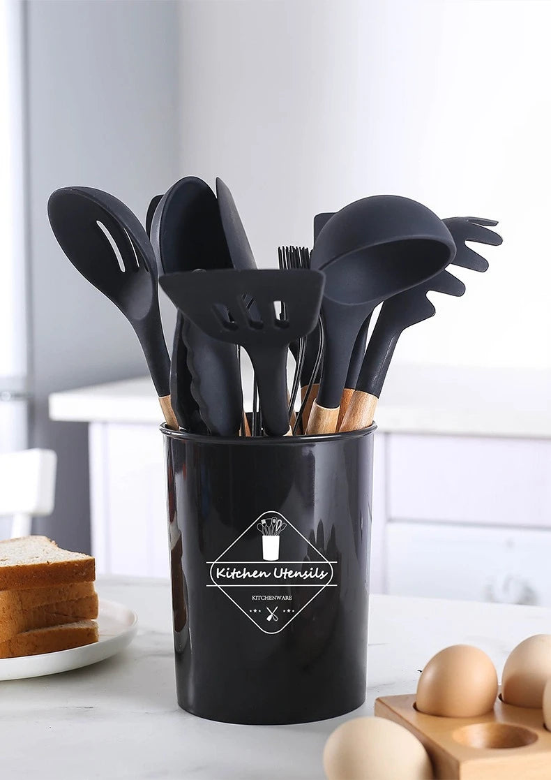 11-piece cooking tool set with storage bucket