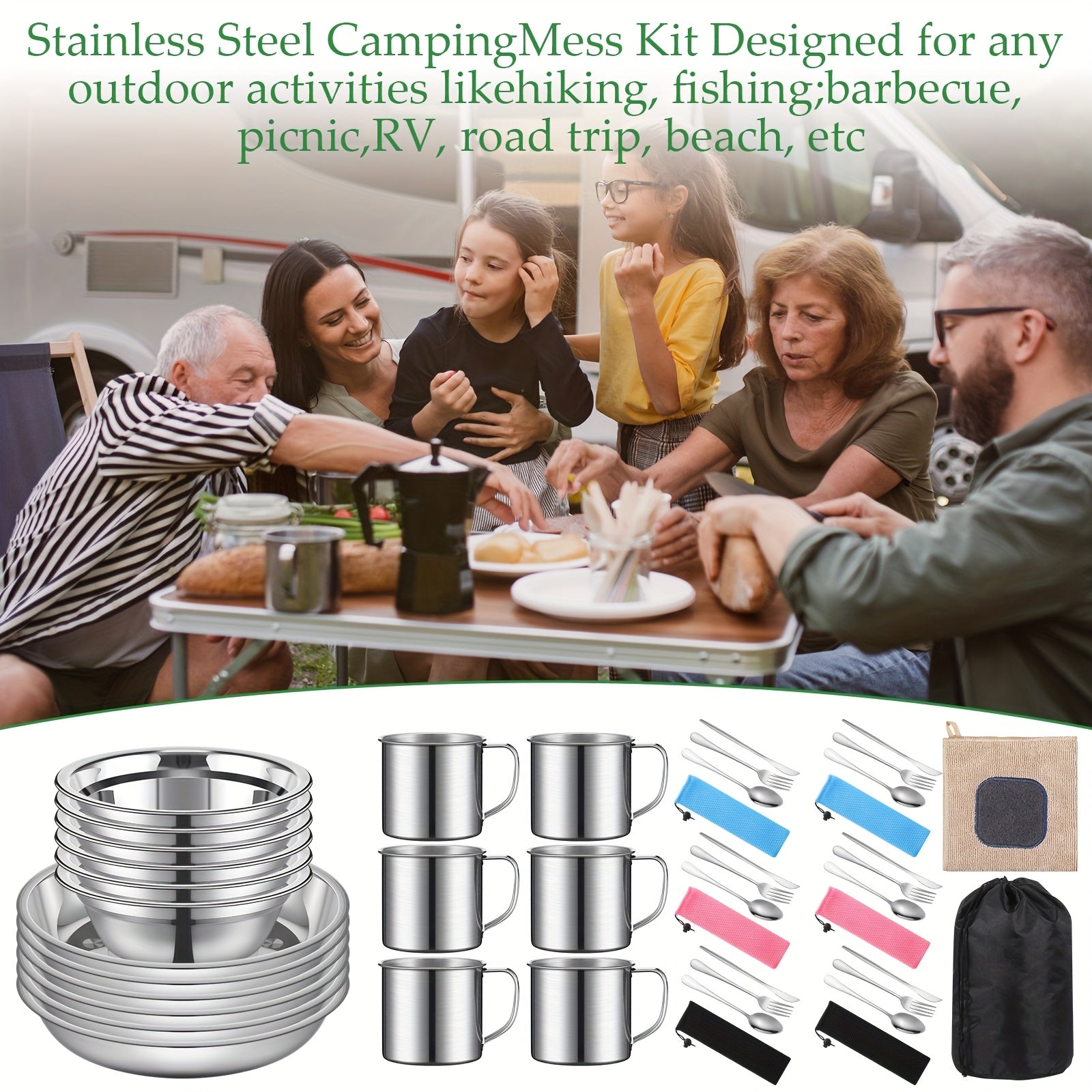 44pc Stainless Steel Outdoor Cookware Mess Kit
